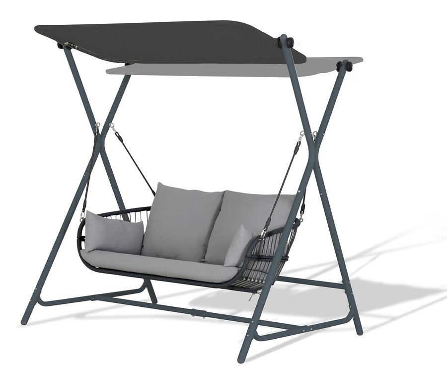 Eine schwarze Leco Hollywoodschaukel mit grauen Kissen.