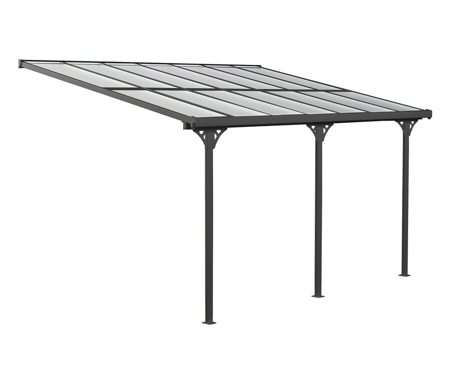 Anthrazitfarbene Terrassenüberdachung, Breite ca. 435 cm.
