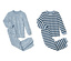 Zwei blaue Kinder-Pyjamas, einmal mit Muster, einmal gestreift.