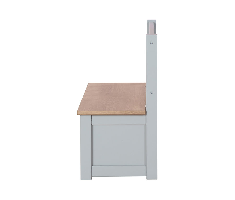 Seitenansicht der roba Kindertruhenbank »Woody« mit Holzplatte und grauem Rahmen.