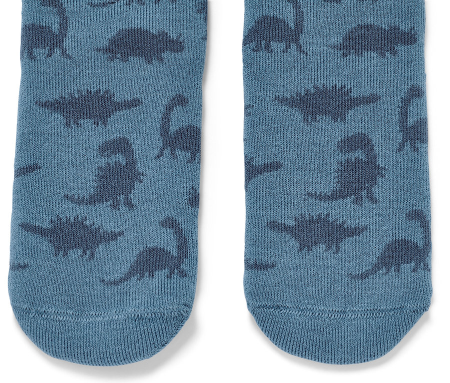 Detail von 2 Paar Kinder-Antirutsch-Socken mit Dinosaurier-Muster.