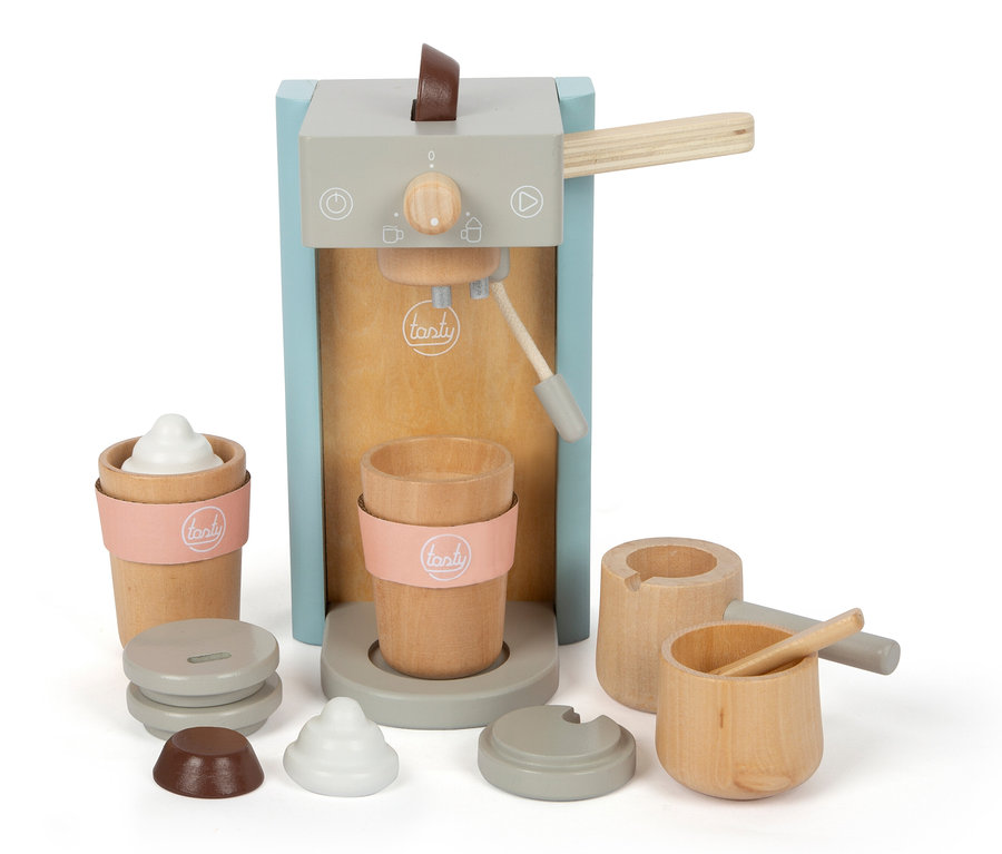 Ein hölzernes small foot Kaffeemaschinen-Set »tasty« mit Tassen, Löffel und Zubehör.