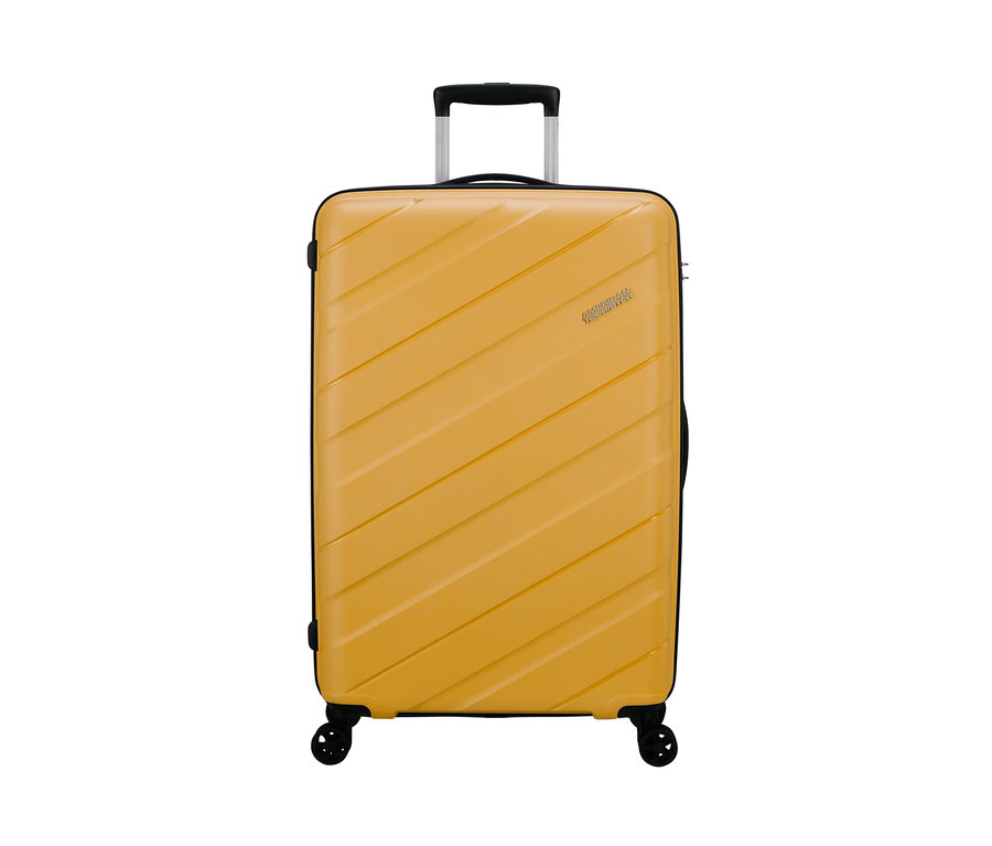 Gelber American Tourister Jetdriver 3.0 Koffer vor weißem Hintergrund.