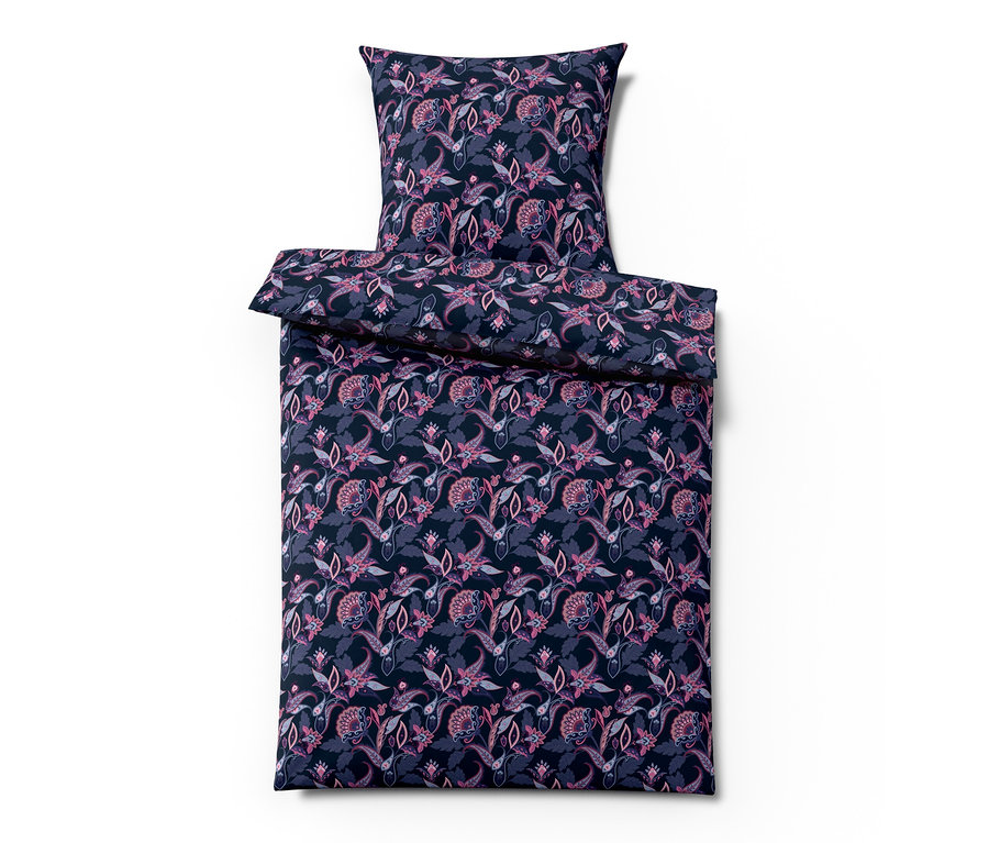 Blaues Renforcé-Bettwäscheset mit Blumenmuster, eine Normalgröße und eine Übergröße.