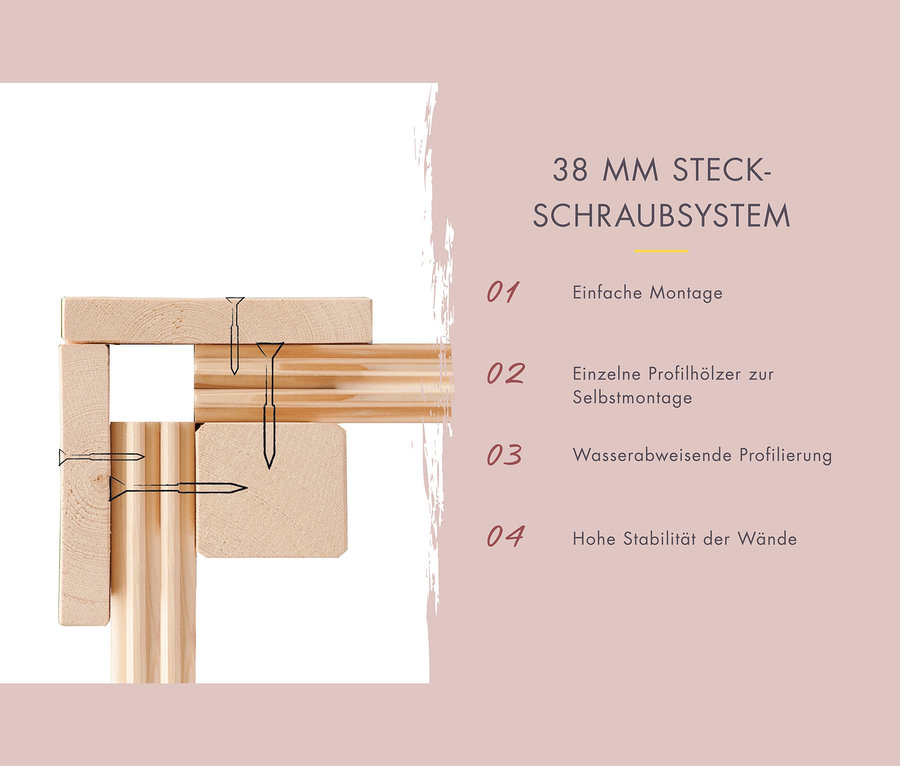Detail des Nut- und Feder-Systems mit Schrauben der Karibu Fasssauna »Frieda 3«.