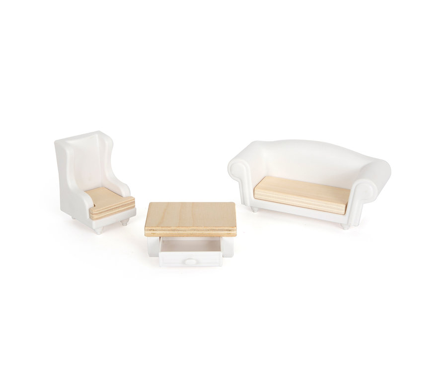 Miniatur-Wohnzimmer mit Sessel, Sofa und Couchtisch des small foot Puppenhaus Stadtvilla.