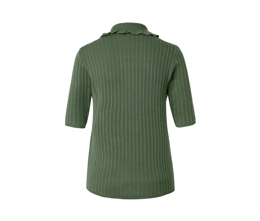 Rückansicht eines grünen, gerippten Kurzarm-Pullovers.