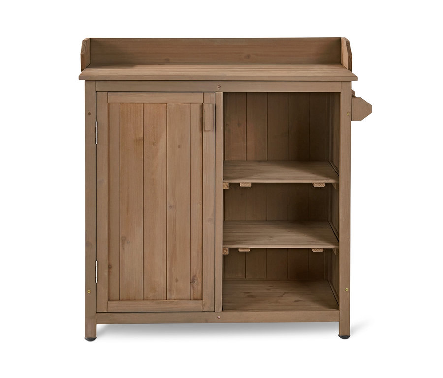 Gartenschrank mit Handtuchhalter aus Holz.