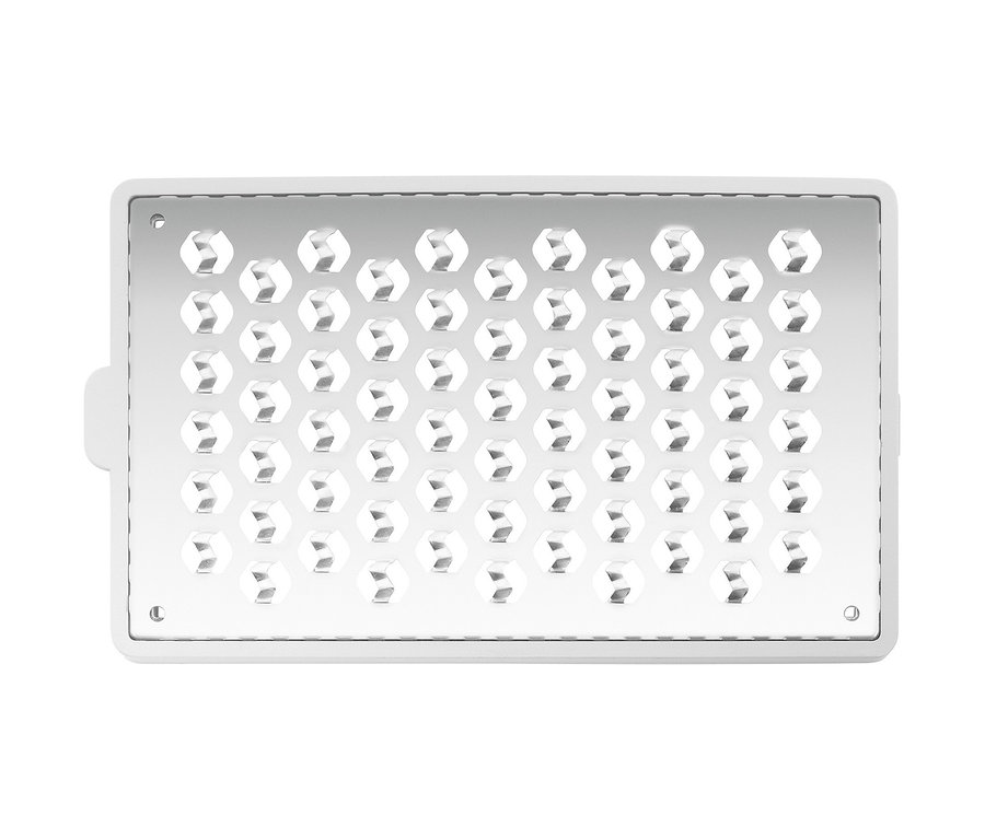 Detailaufnahme einer silbernen ZWILLING Multi-Reibe »Z-CUT« mit weißem Rahmen.