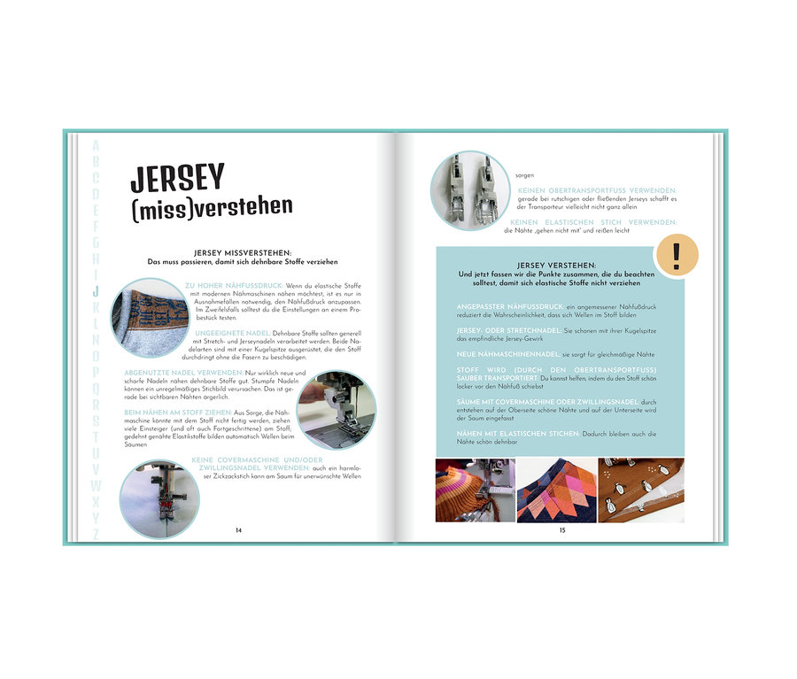 Buchseiten mit Anleitungen zum Nähen von Jersey, inklusive Tipps und Illustrationen. Buch »Näh doch einfach«.