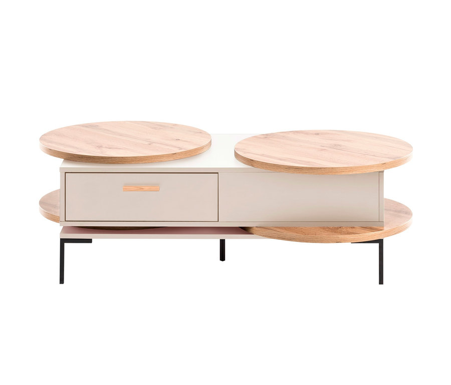 Beiger Couchtisch mit runden Holzplatten und Schublade.