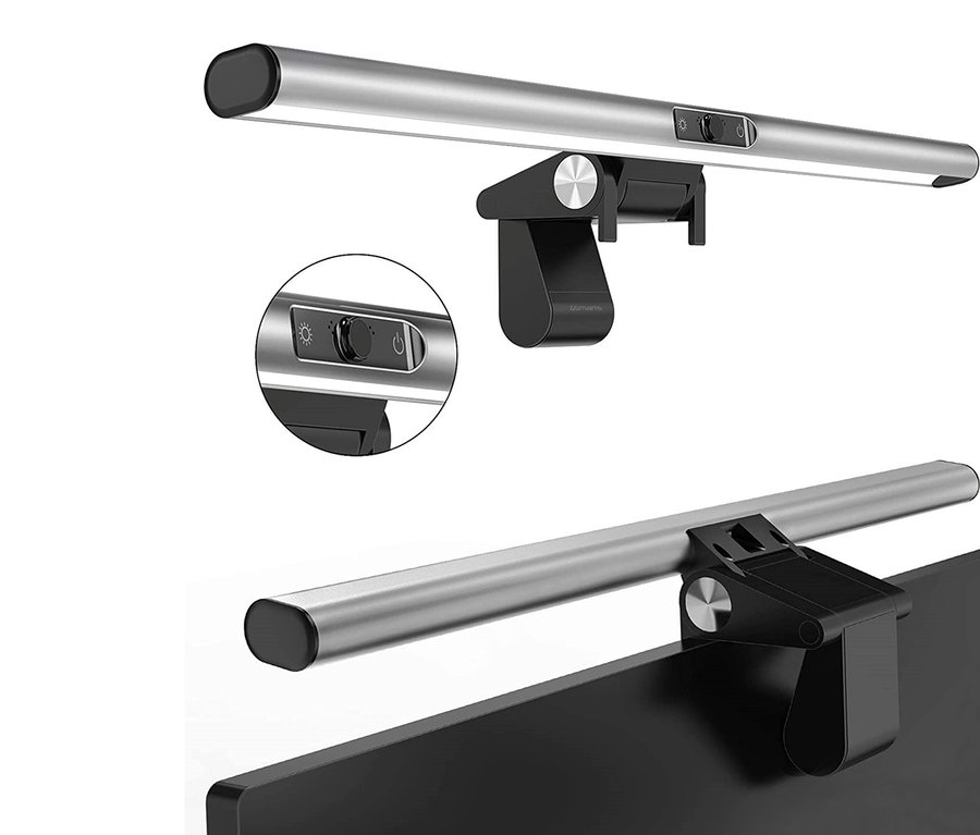 Eine silberne 2-in-1-LightBar-Pro-Monitorlampe mit Full-HD-Webcam ist an einem Monitor befestigt.