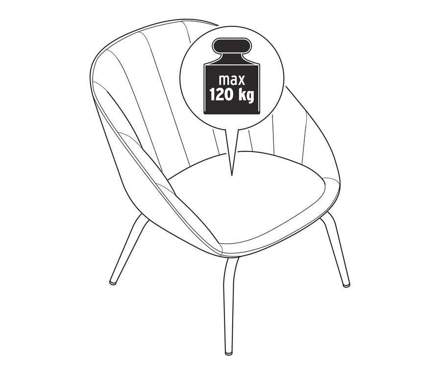 Illustration eines grau-grünen gepolsterten Stuhls mit einer maximalen Belastbarkeit von 120 kg.