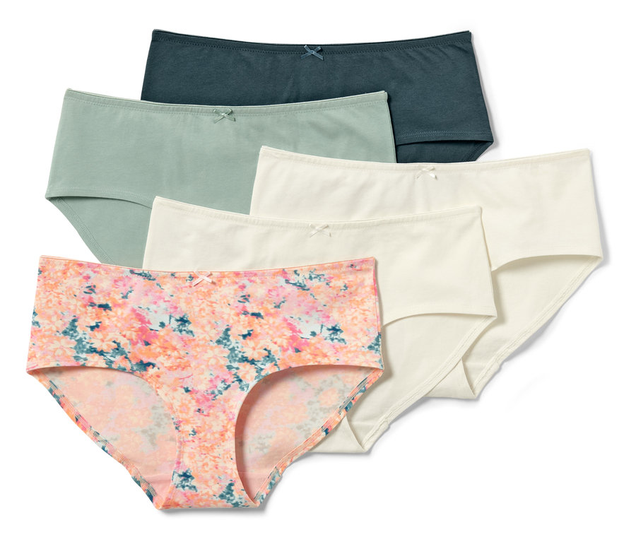 Fünf Pantys in verschiedenen Farben und Mustern.