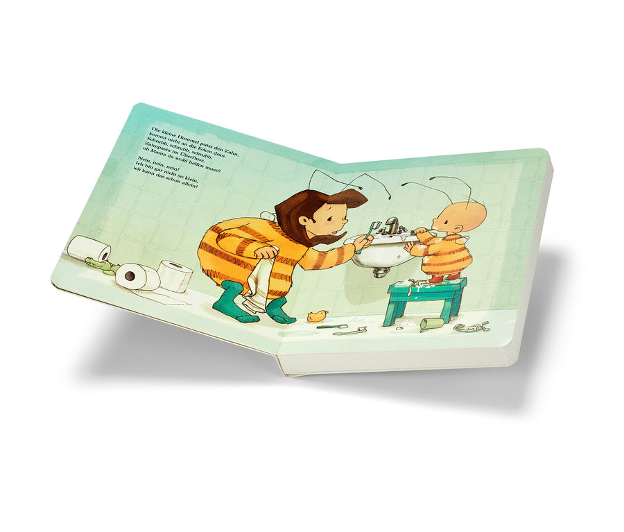 Illustration aus dem Buch "Baby Hummel Bommel – erste Geschichten" zeigt eine Mutter und ein Kind, die sich im Badezimmer die Zähne putzen.