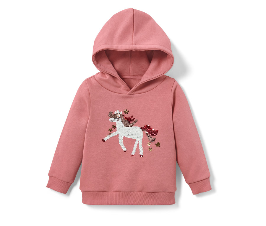 Rosa Kinder-Sweatshirt mit Kapuze und Wendepailletten, Einhorn oder Print.