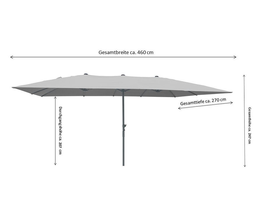 Schema eines hellgrauen Leco Doppelsonnenschirms, 270 x 460 cm (exkl. Schirmständer) mit Maßangaben.