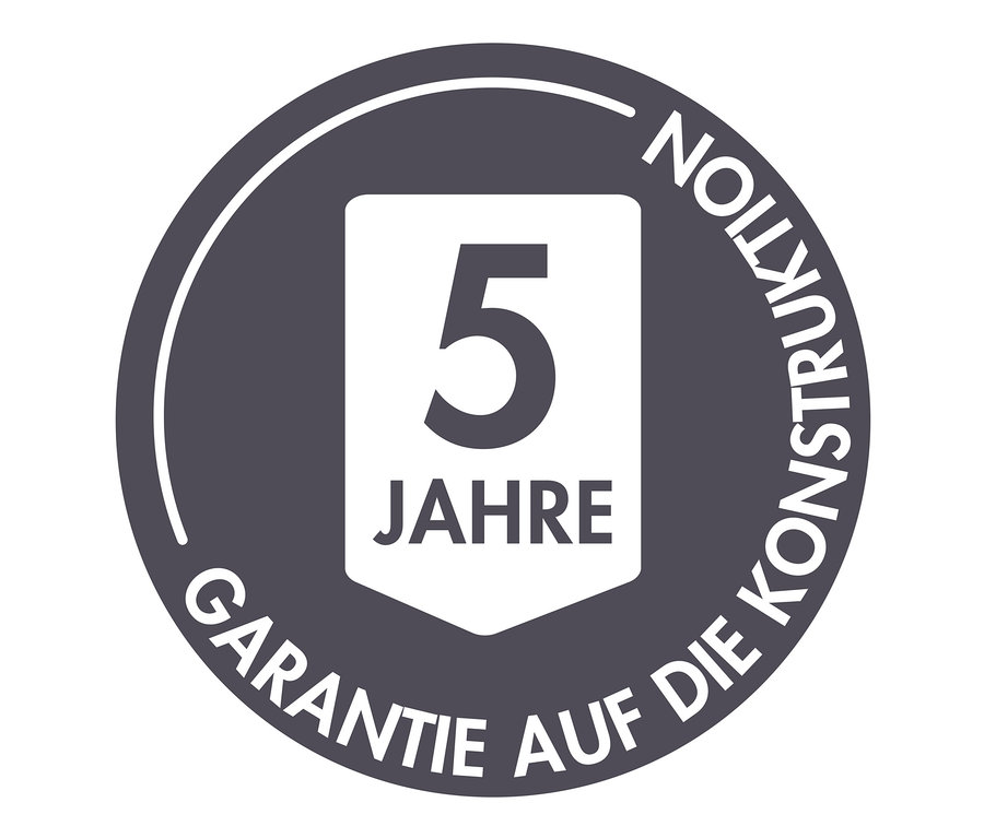Grauer Kreis mit dem weißen Text „5 Jahre Garantie auf die Konstruktion“ für Karibu Fasssauna »Frieda 3«.