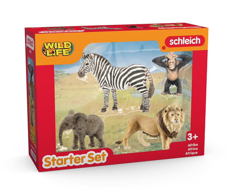 Eine Packung Schleich Starterset Wild Life Afrika mit Zebra, Elefant, Löwe und Affe.