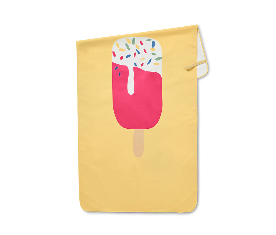 Gelbes Kinder-Microfaserhandtuch mit Eis-Aufdruck.