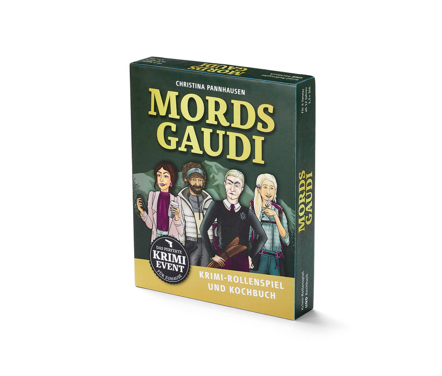 Box des Krimispiels »Mordsgaudi« mit Abbildungen von vier Charakteren.