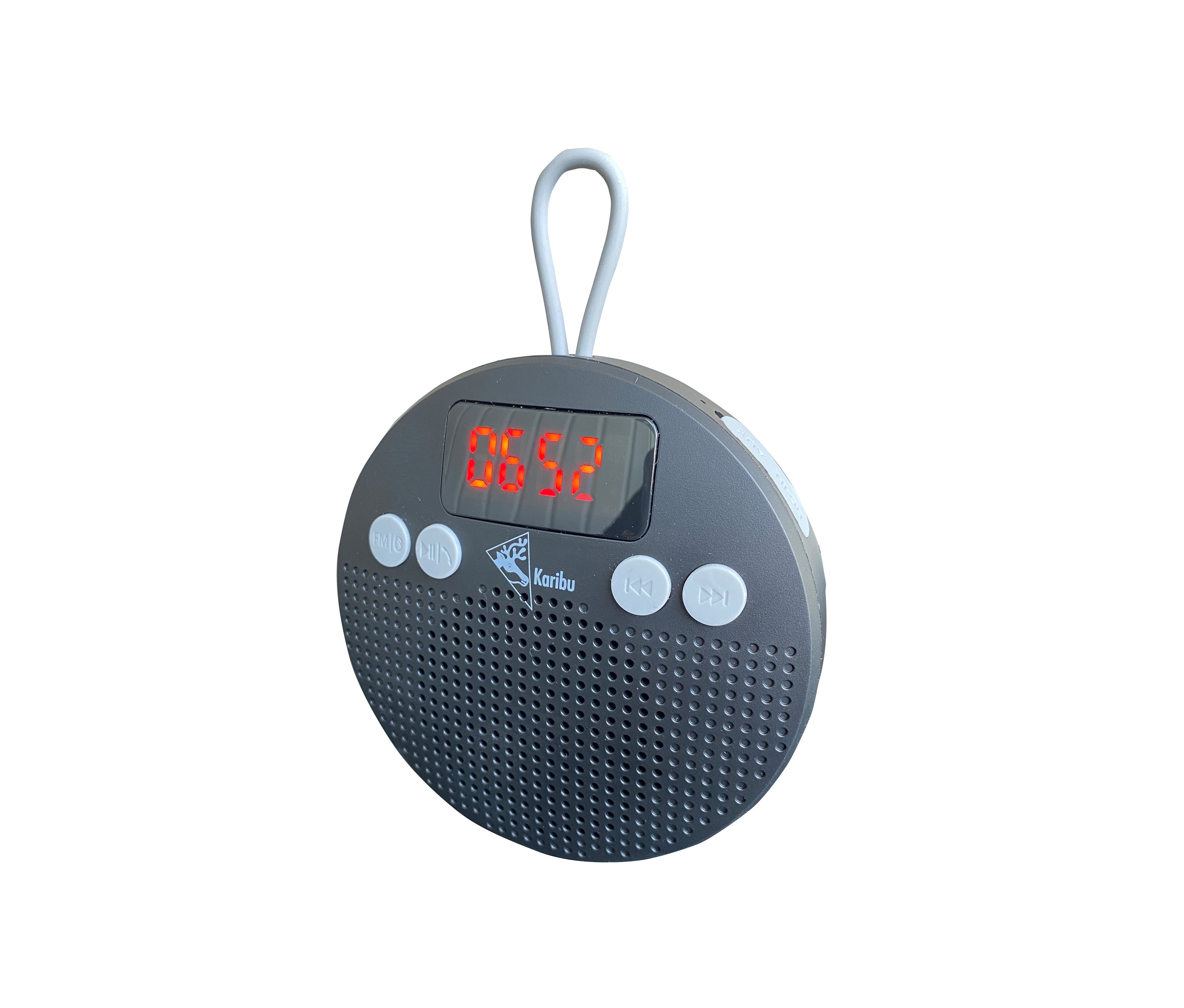 Grauer Karibu Sauna Premium-Radio-und-Lautsprecher mit Digitalanzeige und Schlaufe.