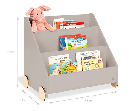 Graues Pinolino Kinderbücherregal »Lasse« mit Büchern und Plüschschwein.