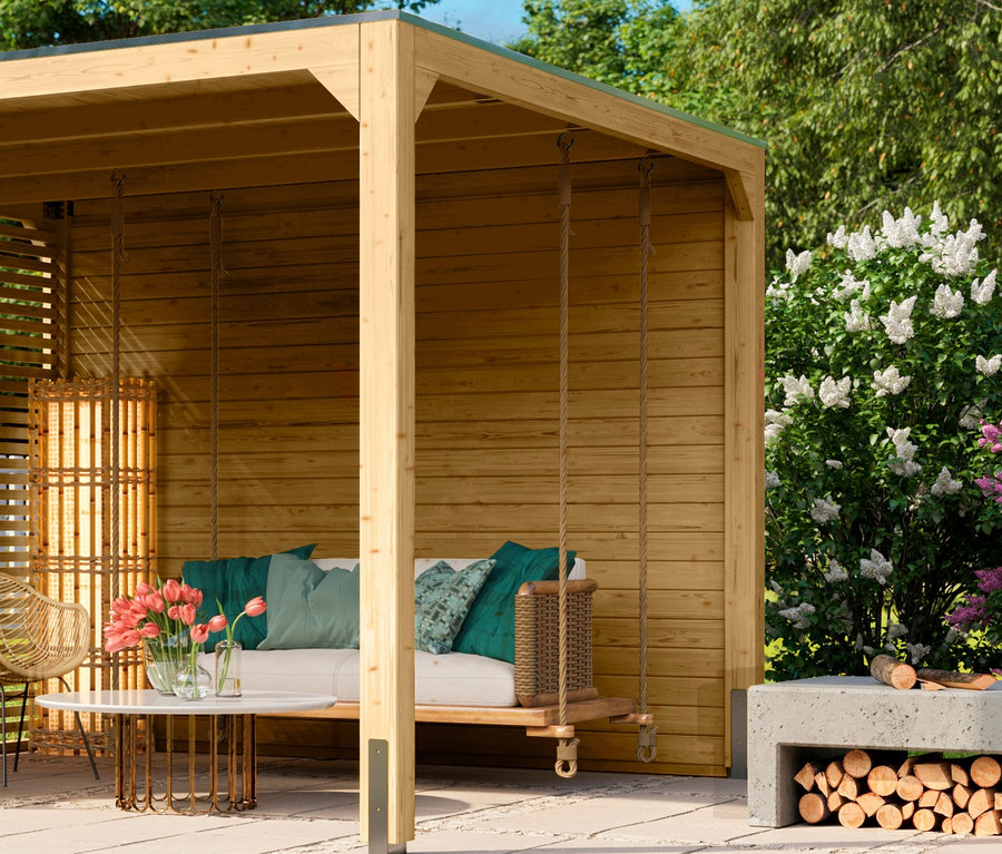 Außenansicht des Karibu Pavillons »Markaska«, ca. 320 x 320 cm, mit Schaukel und Sitzgelegenheit.