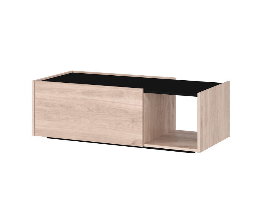 Detailansicht des Couchtisches »Cantoria« mit schwarzer Platte und Holzrahmen.