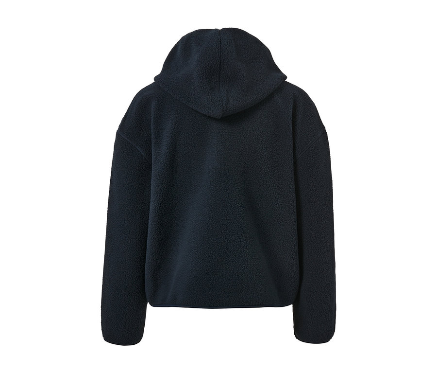 Dunkelblauer Teddy-Kapuzenpullover von hinten.