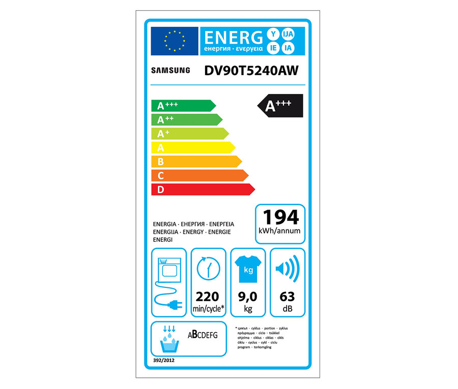 Energielabel für SAMSUNG DV90T5240AW Wärmepumpentrockner (9 kg, A+++) mit 194 kWh/annum und 63 dB.