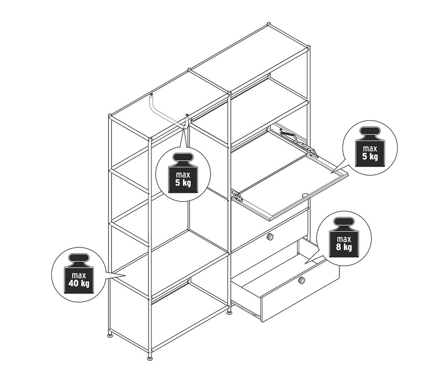 Zeichnung einer Garderobe Metall »CN3« mit 2 Klappen und 2 Schubladen.