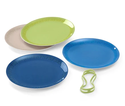 Vier Picknickteller: zwei blaue, ein grüner und ein beiger.