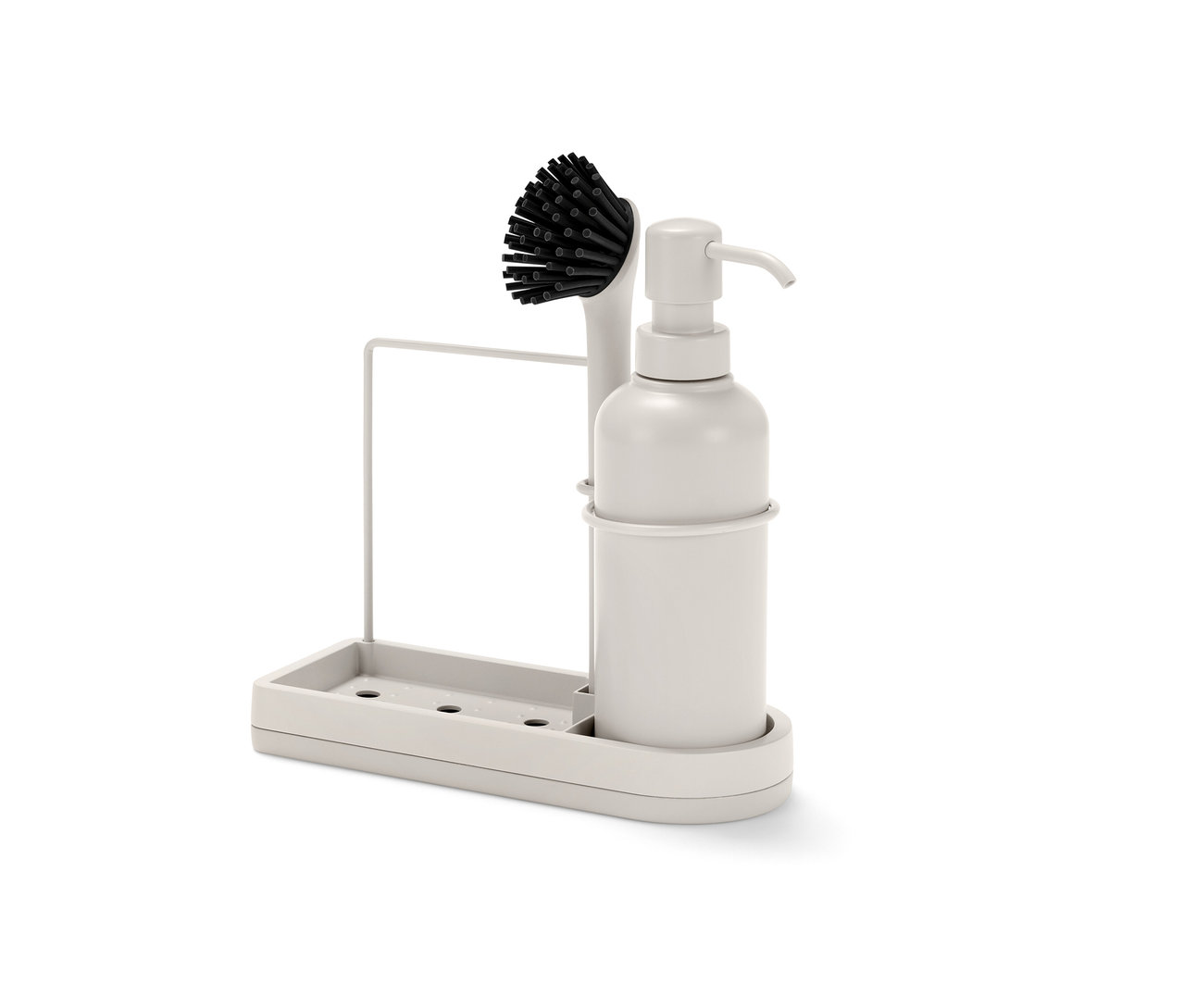 Spülbecken-Organizer mit Seifenspender und Bürste.