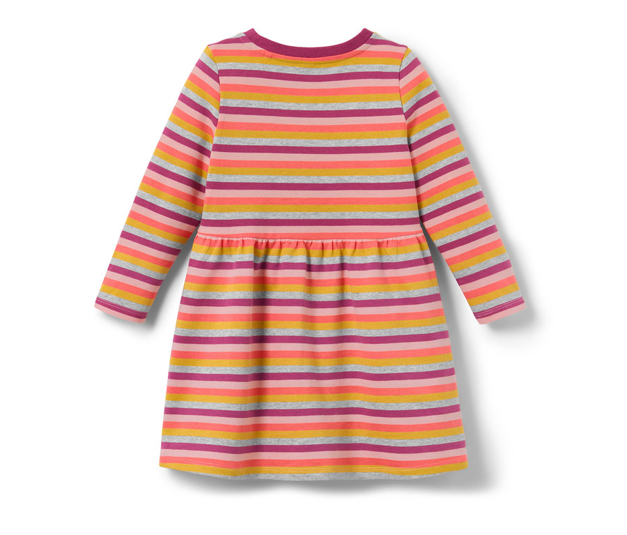 Ein Kinder-Sweatkleid mit langen Ärmeln und bunten Streifen.