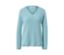 Hellblauer Strickpullover mit V-Ausschnitt.