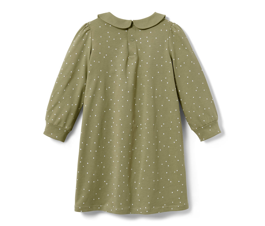 Rückansicht eines olivgrünen Kleinkinder-Jerseykleids mit weißen Punkten.
