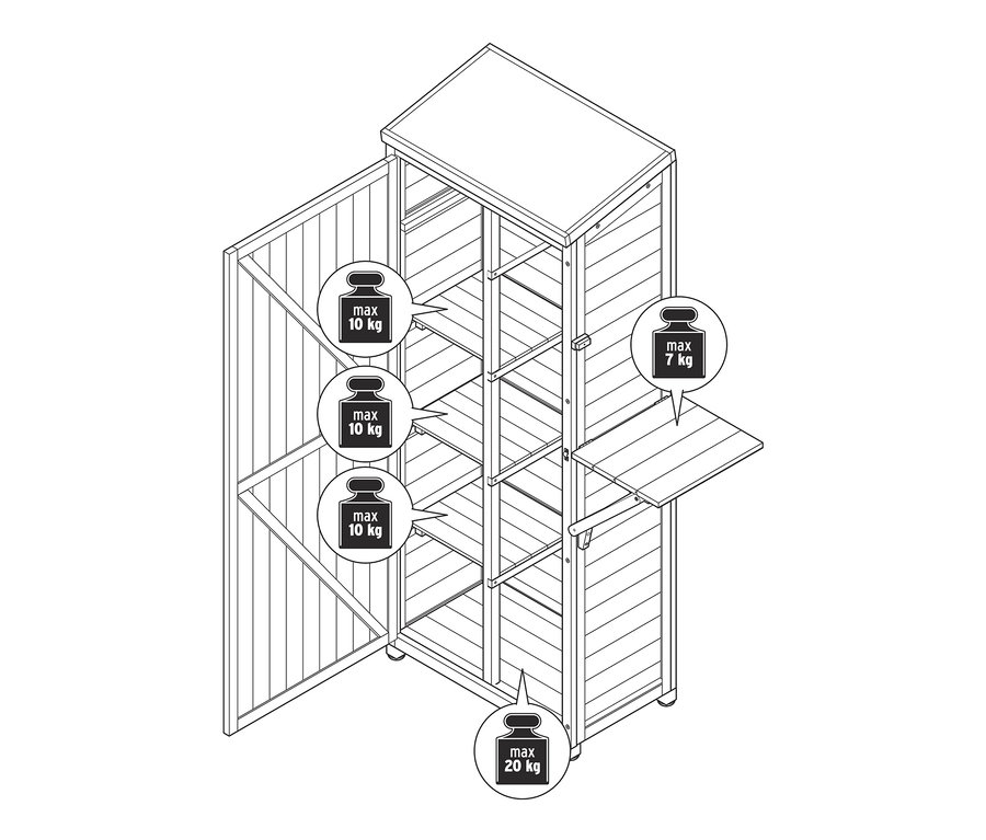 Geöffneter großer Gartenschrank Jonte mit hochklappbarem Seitenregal und Regalböden mit einer Traglast von 10 kg und 20 kg.
