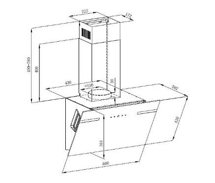 Technische Zeichnung der Respekta Design-Schräghaube »CH69060SA+« mit Maßangaben.