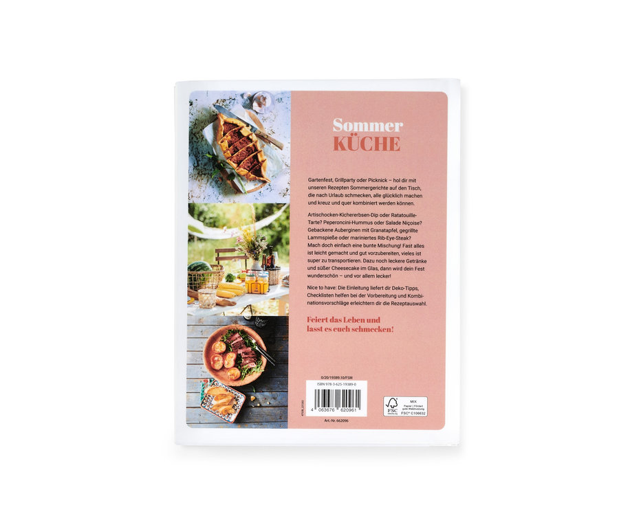 Auf dem Bild ist das Cover des Buches "Sommerküche" mit verschiedenen Essensfotos zu sehen.