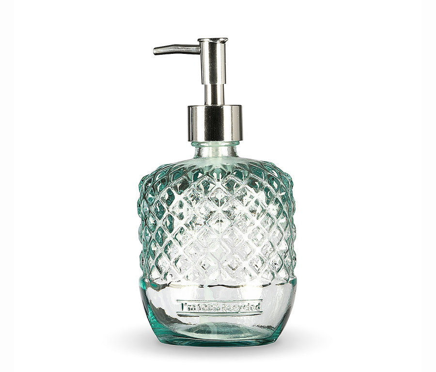 Leere Glasflasche mit Edelstahlpumpe für Spülmittel- oder Seifenspender.