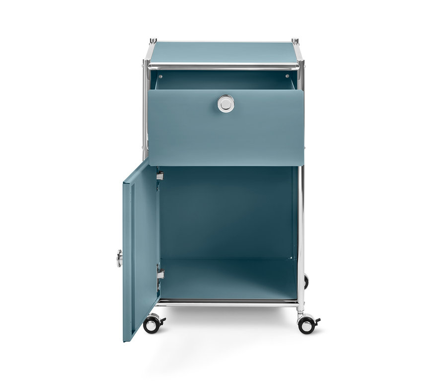 Basaltblauer Rollcontainer »CN3« mit Schublade und offener Tür.