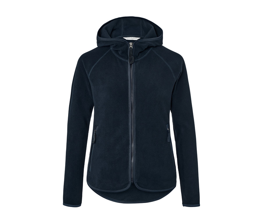 Dunkelblaue Kapuzen-Fleecejacke mit Reißverschluss in der Mitte.