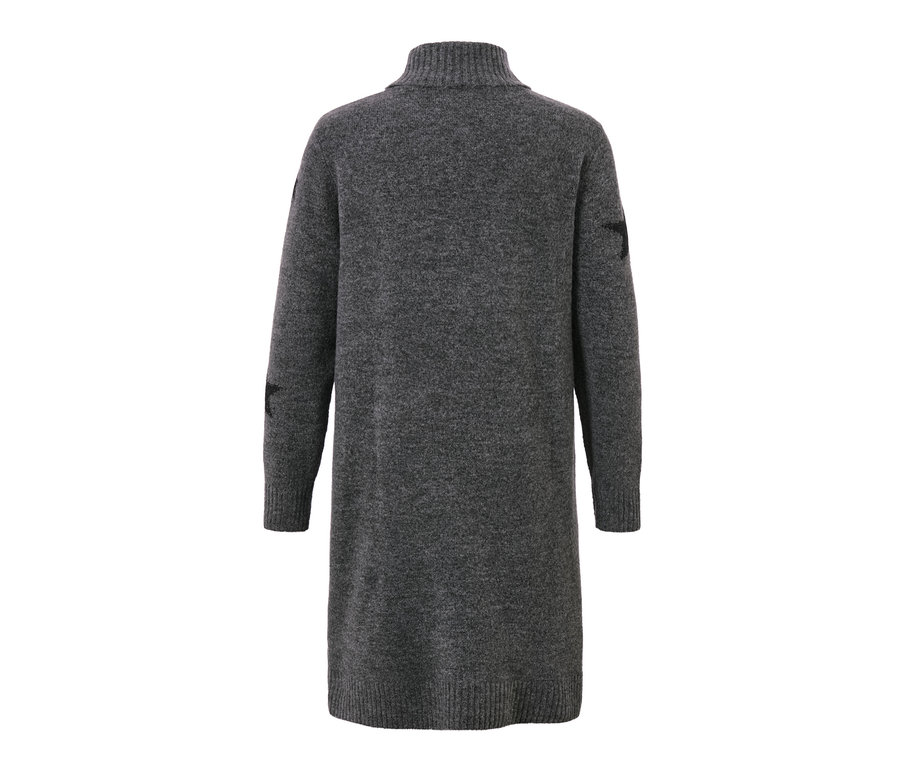 Graues Strickkleid mit Rollkragen und Sternen auf den Ärmeln.