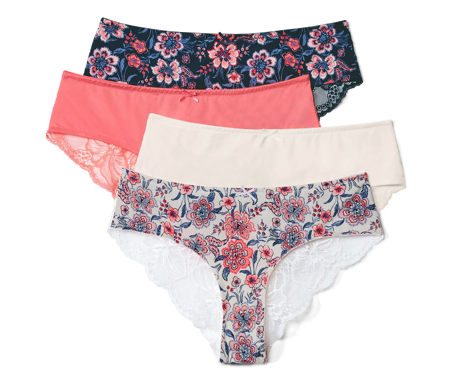 Vier Brazilslips in verschiedenen Farben und Mustern liegen übereinander.