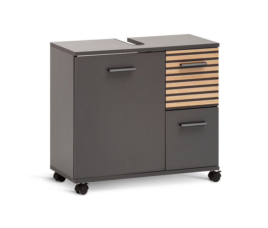 Anthrazitfarbener Waschbeckenunterschrank Katta mit einer Tür und zwei Schubladen.