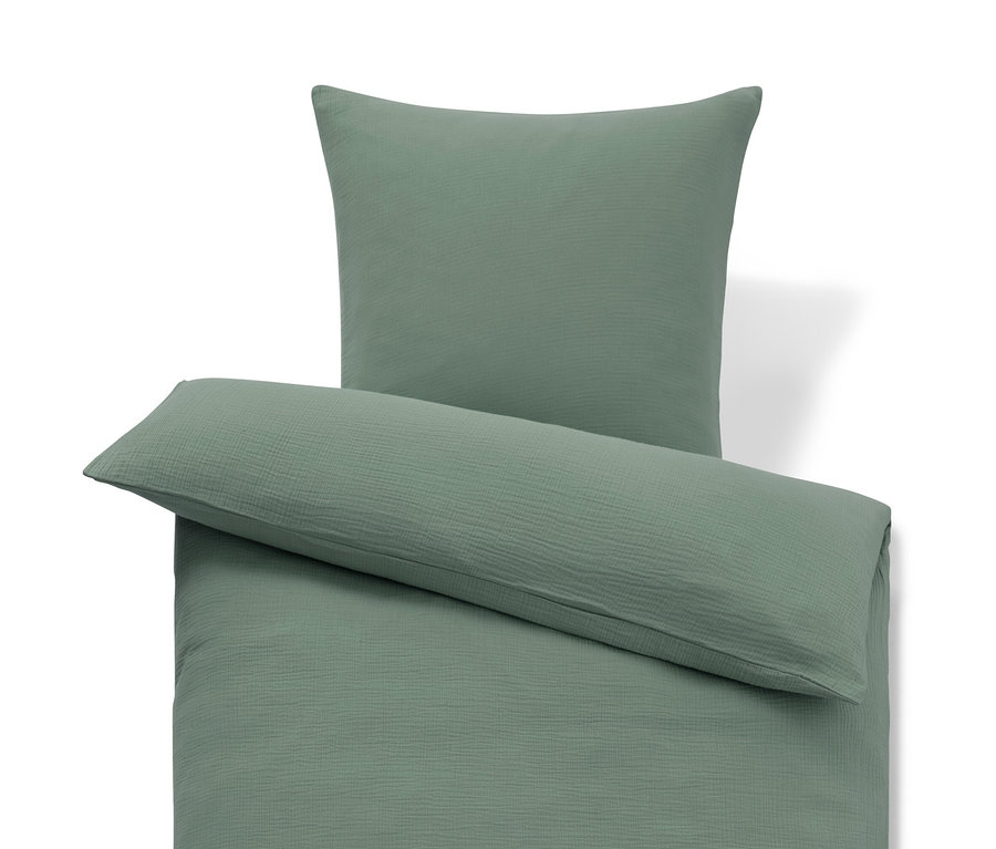 Grüne Musselin-Bettwäsche in Normalgröße und Übergröße.