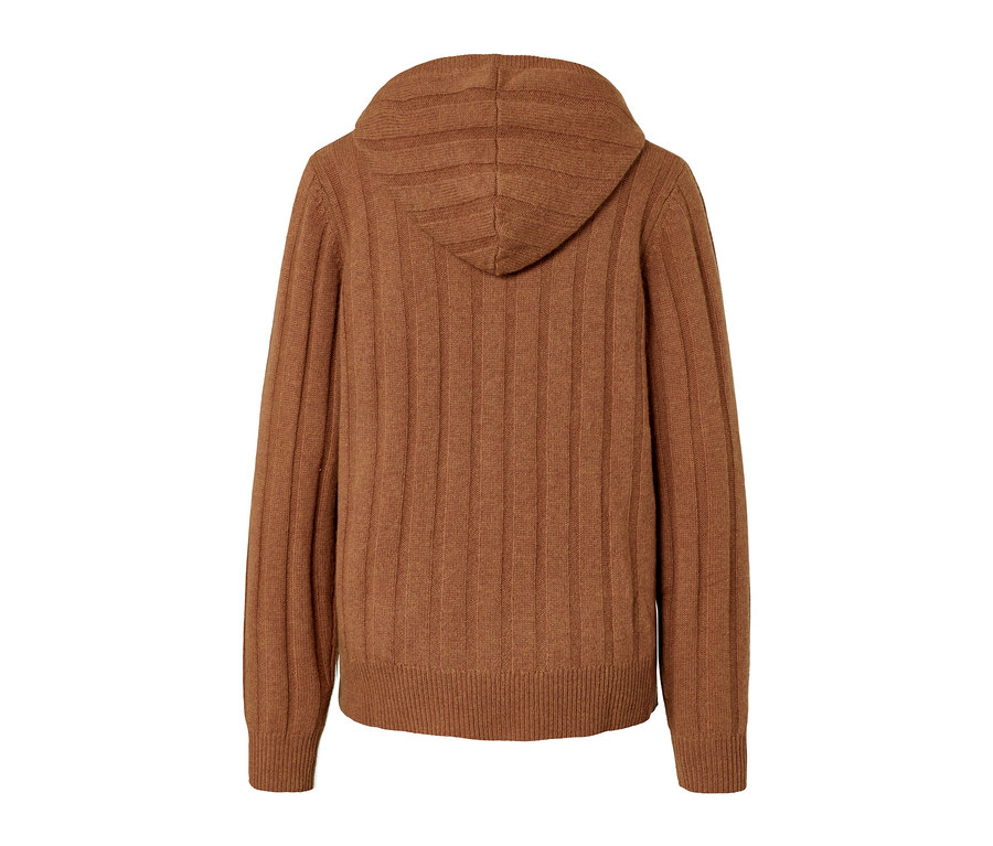 Braune Premium Woll-Cashmere-Kapuzenjacke von hinten gesehen.