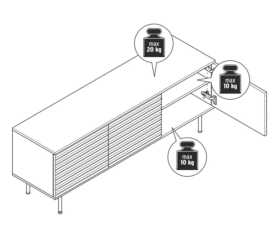 Lowboard »Finnsbo« mit Lamellenoptik, geöffneter Tür und einer maximalen Tragfähigkeit von 20 kg oben und 10 kg im Inneren.