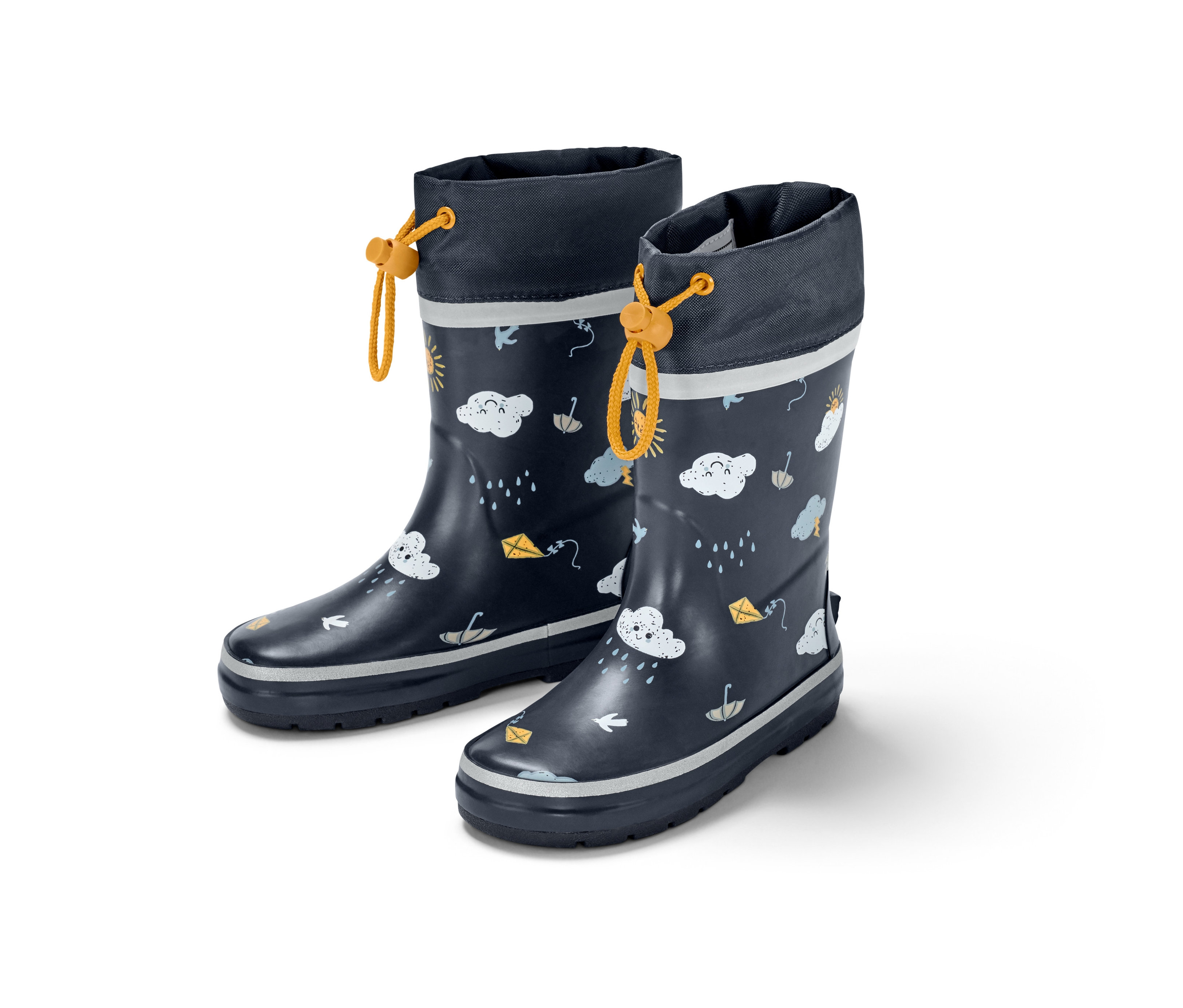 Dunkelblaue Kinder-Regenstiefel mit Regenschirm-Print.